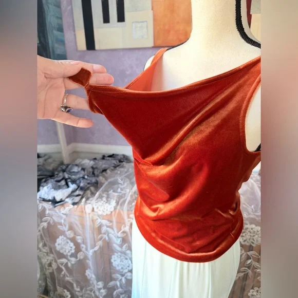 Striking Burnt Orange Velvet Cowl Neck Drape Top